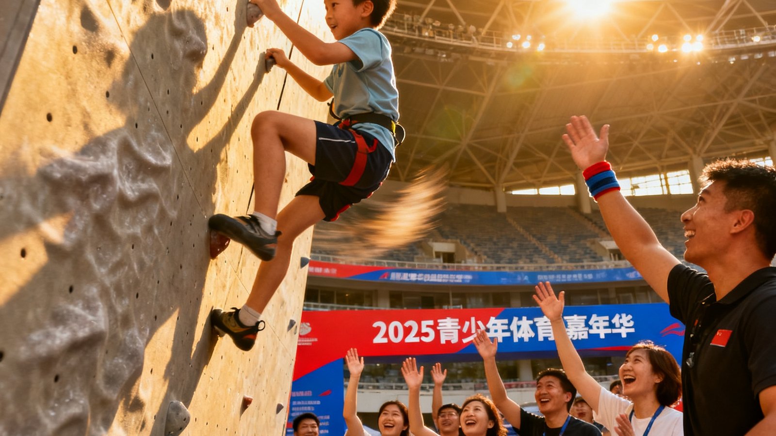 2025年夏季青少年体育嘉年华在北京奥体中心举办，孩子们在攀岩墙上奋力攀登，周围家长和教练热情加油的欢乐场景。