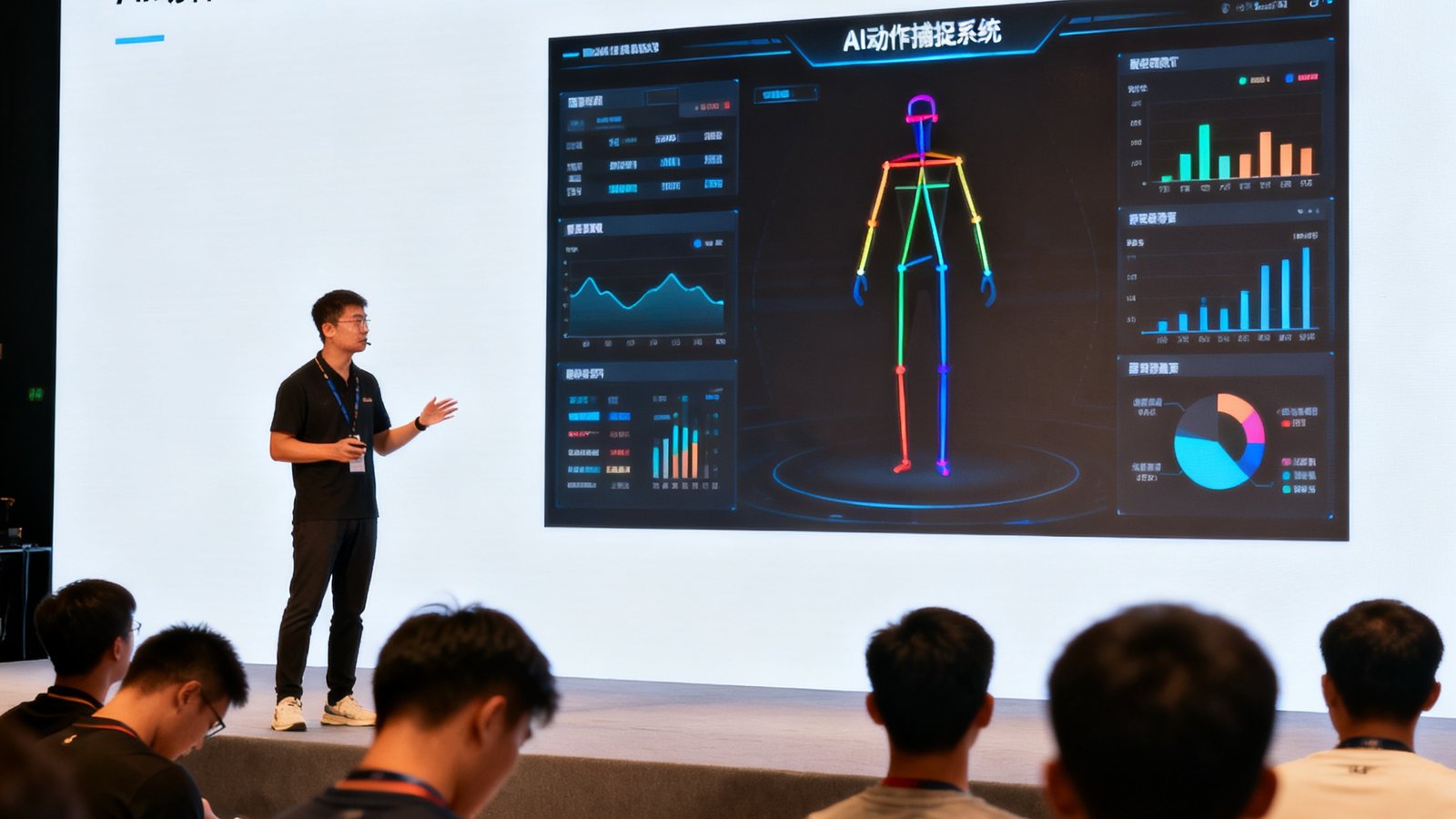 米兰运动大脑3.0版本发布会上，技术人员正在大屏幕前展示AI动作捕捉系统的实时分析界面，台下坐满了体育行业嘉宾。
