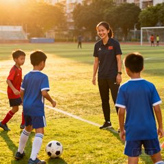 广州越秀区青少年体育中心资深教练陈文婷在训练场上指导小学员训练的照片，阳光洒在绿茵场上，陈教练面带微笑。
